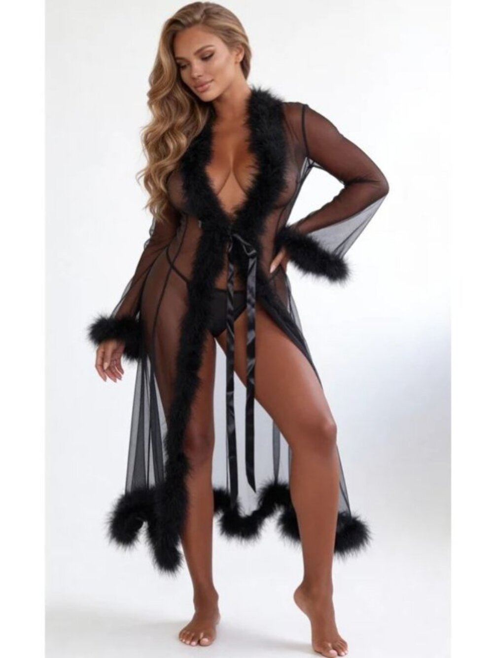 Be Wicked BW1650 Black Sheer Long Robe Dress with Faux Fur Trim, Sexy Mesh Cover